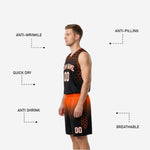 Back view of orange and black reversible basketball uniform showing player name and number print zone on the jersey