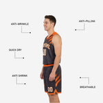 Back view of orange and black reversible basketball uniform displaying player name and number print zones