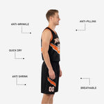 Back view of black and orange reversible basketball uniform with back number and player name sublimated across the shoulders.