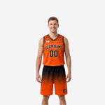 Reverse side of orange and black reversible basketball uniforms showing orange hex jersey and orange-to-black gradient shorts