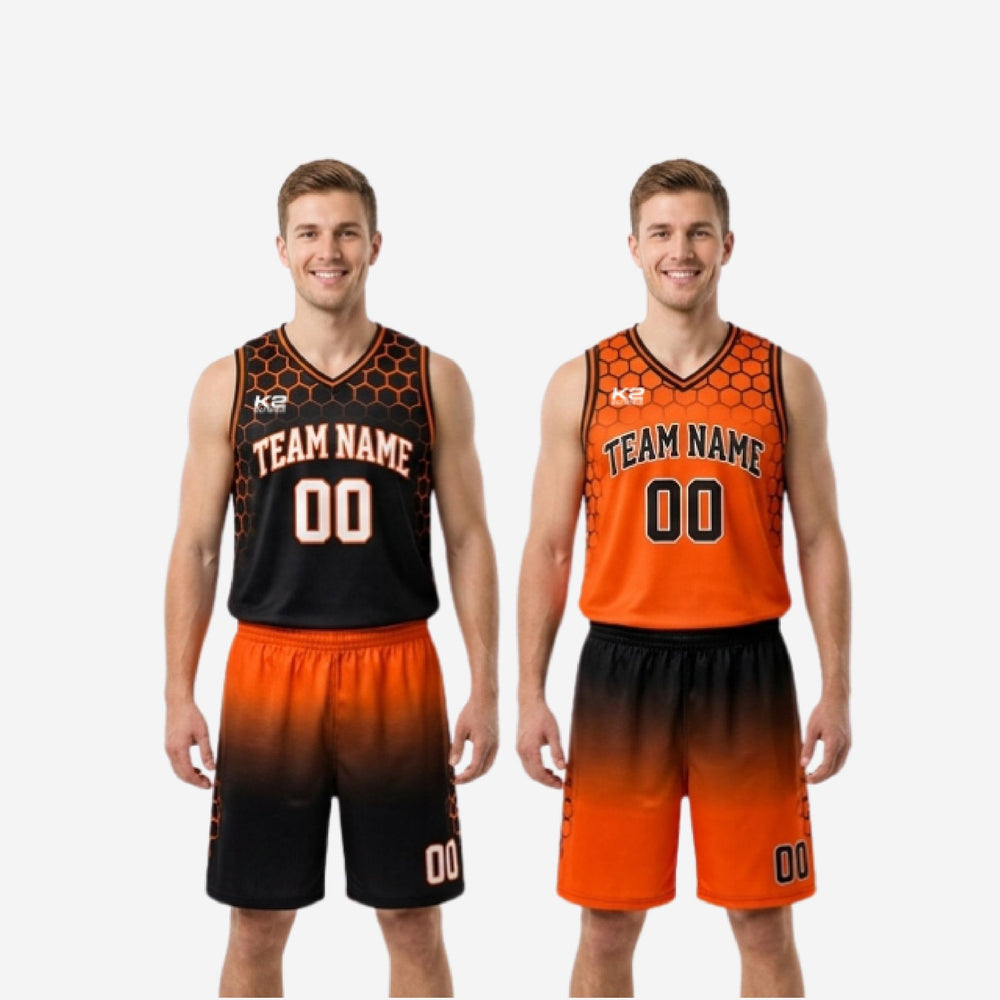 Sublimated Custom Orange and Black Reversible Basketball Uniforms