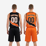 Size and specification sheet for orange and black reversible basketball uniform sets covering youth and adult sizing options.