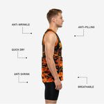 Back view of custom orange and yellow basketball jersey with back player name, back number, and full camo-crackle sublimation from shoulder to hem