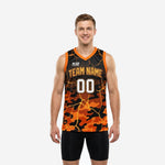 Custom orange and yellow basketball jersey with black camo and gold crackle pattern, team name on chest and number 00, front and back view