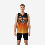 Custom orange and yellow basketball jersey with black-to-gold hex gradient, arched team name and front number shown on male model, front and back view