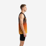 Front view of sublimated orange and yellow basketball jersey with V-neck collar, orange armhole binding, and honeycomb lower panel on male model