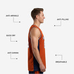 Back view of custom orange basketball jersey with player name and number printed in white with navy outline