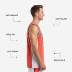Back view of custom orange basketball jersey with player name and back number sublimated in white with navy outline on mesh fabric