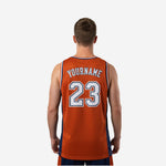 Opposite side view of orange and navy sublimated basketball jersey showing clean seam and hem construction