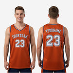 Size and spec chart for custom orange basketball jerseys available in youth and adult sizes