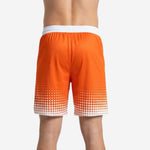 Back view of orange basketball shorts showing full sublimation and elastic drawcord waistband detail