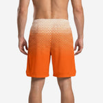 Side view showing internal drawcord waistband detail on orange and white hex gradient custom basketball shorts