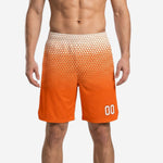 Orange basketball shorts with white honeycomb hex gradient fade and player number 00 on lower left leg, front and back view