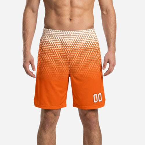 Orange basketball shorts with white honeycomb hex gradient fade and player number 00 on lower left leg, front and back view