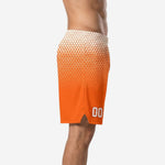 Front view of custom orange basketball shorts featuring a white-to-orange hex pattern fade from waistband to hem, player number 00 on left leg