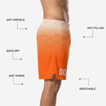 Back view of sublimated orange basketball shorts with hex honeycomb pattern and player number placement
