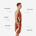 Back view of custom orange basketball uniform showing back player name and number sublimated in navy on the orange marble-texture jersey
