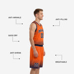 Back view of orange custom basketball uniform displaying back name and number in navy block lettering