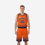 Custom orange basketball uniform with navy burst-ray jersey and halftone-fade shorts, front and back full set view
