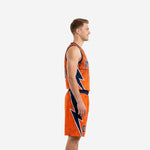 Front view of a men's orange basketball uniform showing arced team name, front number 00, V-neck collar, and navy armhole binding with paint-splatter detail