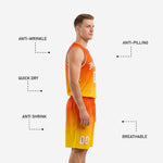 Back view of the custom orange basketball uniform displaying back name, back number placement, and orange-to-gold gradient on jersey and shorts