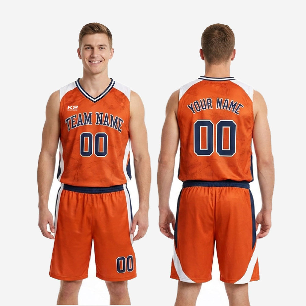 Sublimated Orange Basketball Uniform - Custom Navy Marble Set
