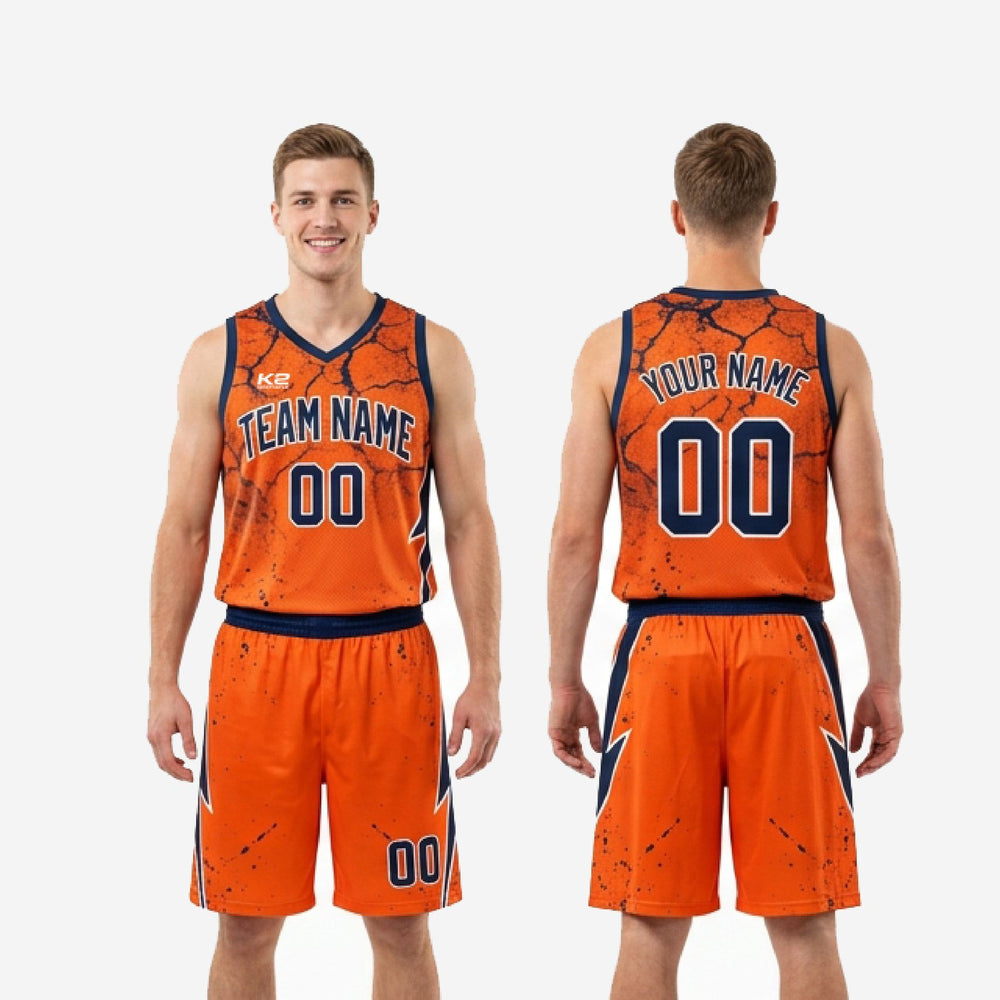 V-Neck Custom Orange Basketball Uniform - Orange and Navy