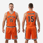 Size and specification sheet for the orange and black sublimated basketball uniform jersey and shorts set