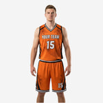 Front view of custom orange and black bball uniforms with sublimated team name and number 15