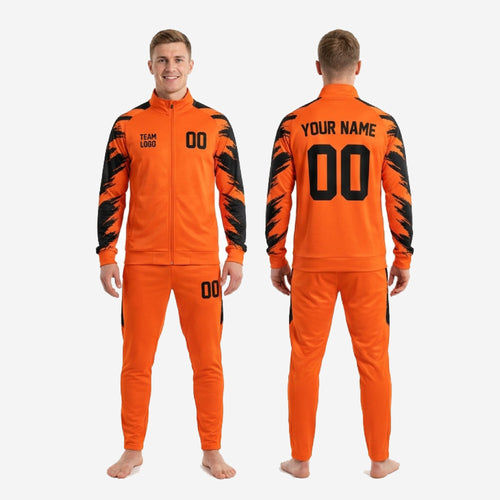 Full set view of orange and black custom soccer tracksuit with team logo and player number placement on chest