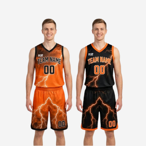 Jersey detail close-up of orange and black reversible basketball uniform showing lightning bolt graphic and front number placement