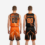 Size and specification sheet for orange and black reversible basketball uniforms showing youth and adult size run