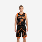 Black and orange reverse side of reversible basketball uniform set showing both looks side by side on male model