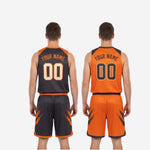 Size and spec sheet for orange and black reversible basketball uniforms showing youth and adult size run