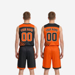 Size and specification sheet for custom orange and black reversible basketball uniforms covering youth and adult sizing