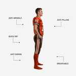 Close detail of brown football pants with white double side stripe and front lace-and-belt closure on sublimated football uniform