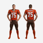 Size and specification sheet for orange and brown custom matching team football uniforms showing youth through adult size run