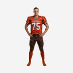 Orange and brown matching team football uniforms front view showing V-neck collar brown shoulder panels front number 75 and team name across the chest