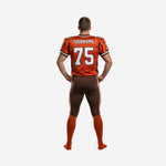 Back view of orange and brown mens american football uniform showing back number and nameplate area on brown shoulder panel