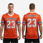 Size and spec sheet for custom orange and navy American football jerseys with numbers, youth through adult sizing chart