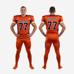 Size and specification sheet for custom football uniform sets in orange and navy covering youth through adult sizing
