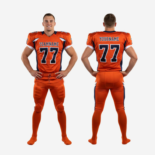 Size and specification sheet for custom football uniform sets in orange and navy covering youth through adult sizing