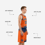 Back view of custom orange basketball uniform showing back name and number placement with full navy splash sublimation