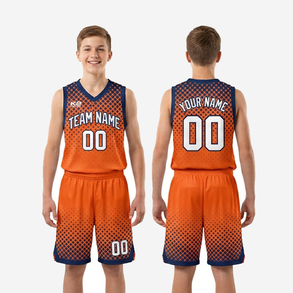 Custom Orange Youth Basketball Uniforms - Navy Bold Numbers