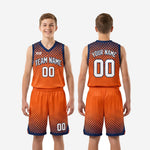 Size and specification chart for orange and navy custom youth basketball uniforms showing available youth sizes for full roster ordering