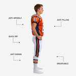 Back view of orange navy youth football uniforms for schools showing back number nameplate area and pant stripe alignment