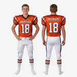Size and spec sheet for orange and navy youth football camp uniforms showing youth sizing across full roster