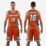 Full set view of orange and teal custom basketball uniform kit by K2 Sportswear
