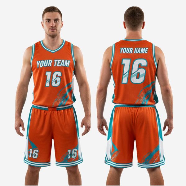 Full set view of orange and teal custom basketball uniform kit by K2 Sportswear