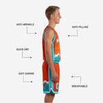 Opposite side view of orange and teal sublimated youth basketball jersey and shorts with wave graphic print